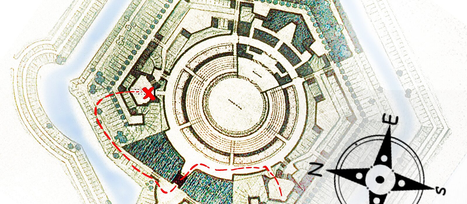 Historischer Festungsplan mit eingezeichneter Route und Kompassrose