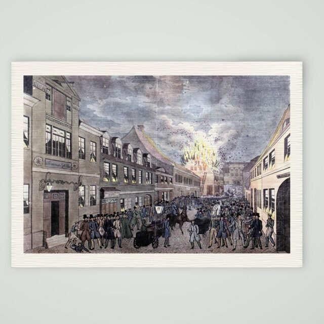 Kolorierter Stich: Großbrand in der Steinernen-Tisch-Straße in Magdeburg 1836 mit Menschenmenge