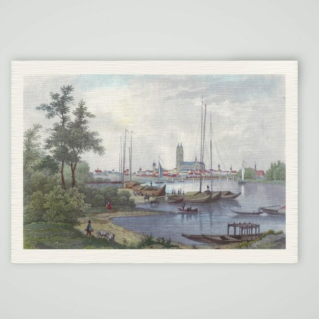 Kolorierte Ansicht: Blick über die Elbe mit Schiffen auf Magdeburg und den Dom