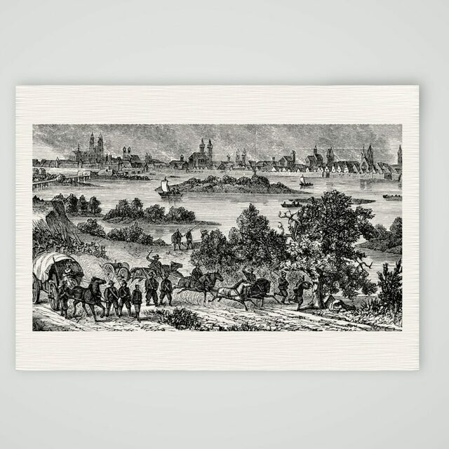 Holzstich: Magdeburg im Mittelalter mit Stadtmauer und Kirchtürmen