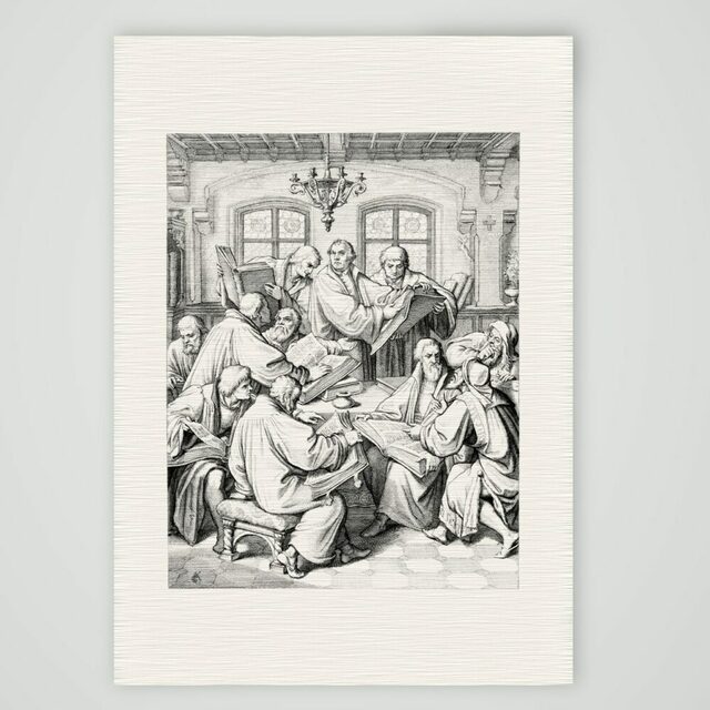 Die Bibelübersetzung – Luther mit Melanchthon – Stich, Kunstdruck auf Leinenpapier