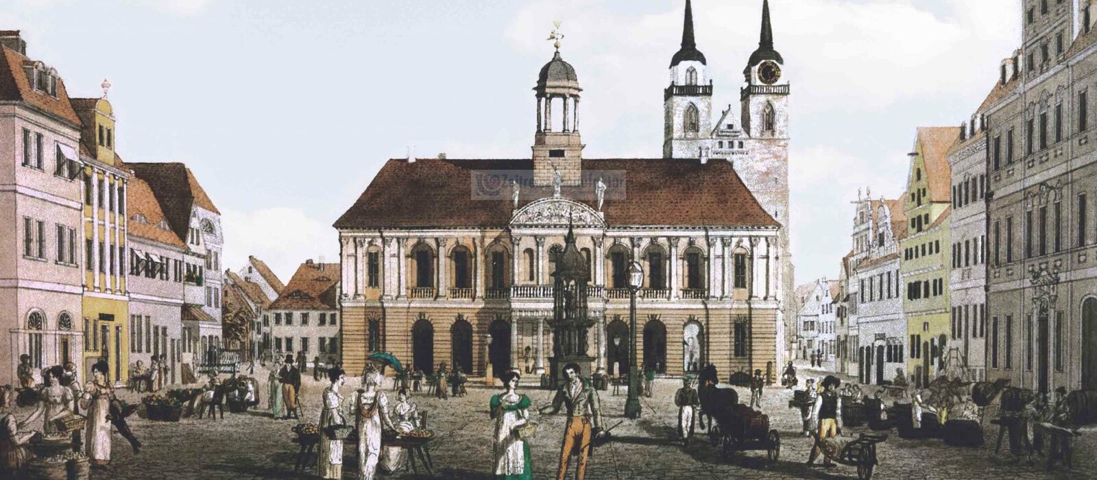 Ausschnitt eines kolorierten Stichs: Marktszene vor dem alten Magdeburger Rathaus