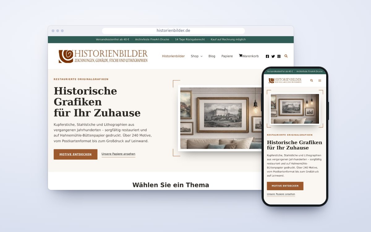 Der Webshop historienbilder.de im Browserfenster und auf dem Smartphone: „Historische Grafiken für Ihr Zuhause“
