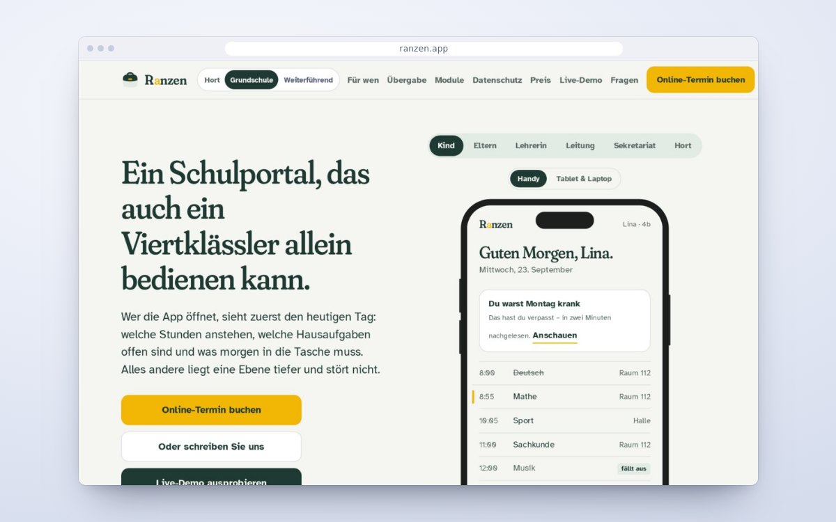 Die Website ranzen.app im Browserfenster: „Ein Schulportal, das auch ein Viertklässler allein bedienen kann“ mit App-Vorschau