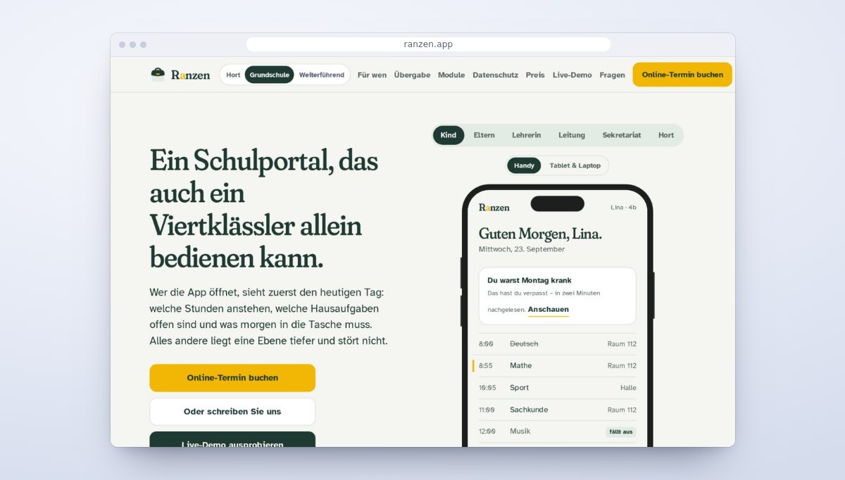 Die Website ranzen.app im Browserfenster: „Ein Schulportal, das auch ein Viertklässler allein bedienen kann“ mit App-Vorschau