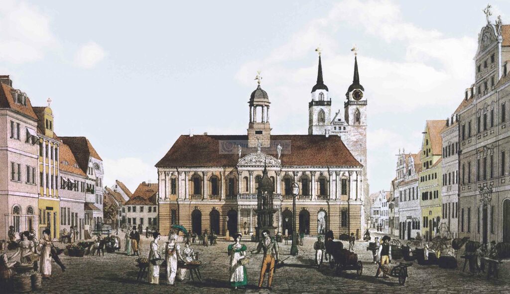 Kolorierte historische Ansicht des Magdeburger Marktplatzes mit dem alten Rathaus