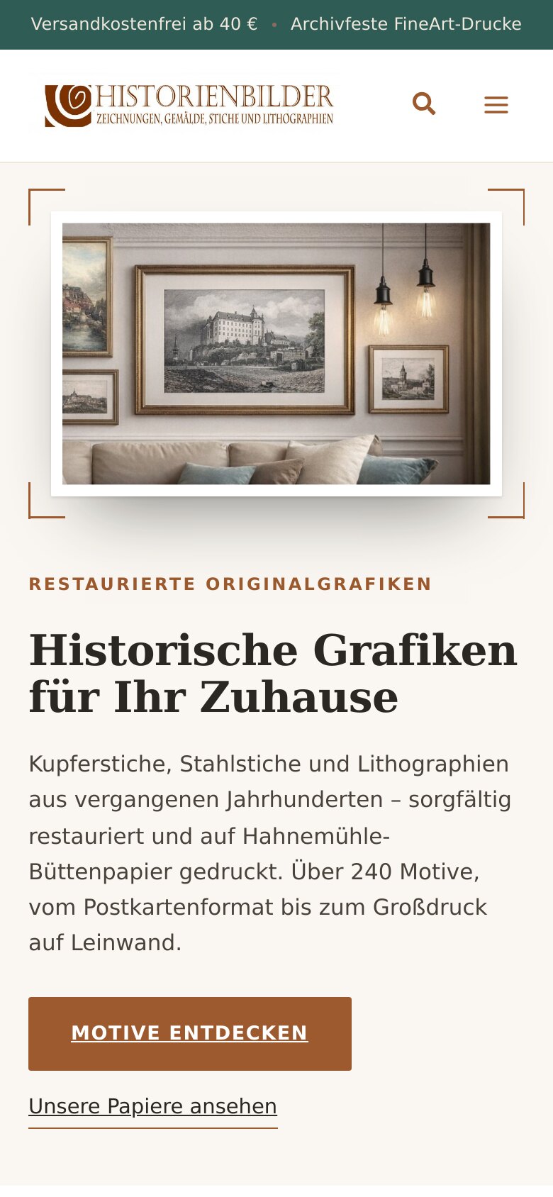 Der Webshop historienbilder.de auf dem Smartphone