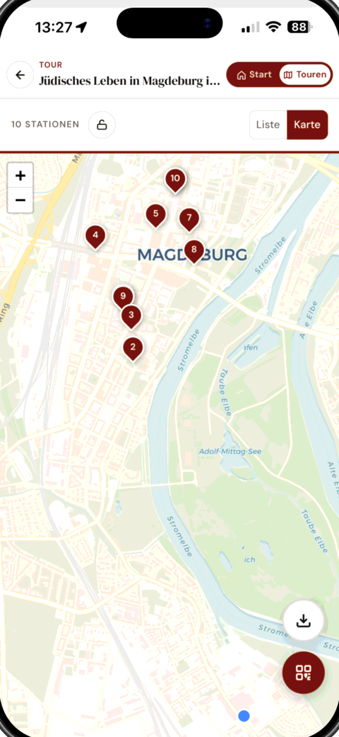 Kartenansicht der Tour-App: Stadtrundgang durch Magdeburg mit zehn nummerierten Stationen