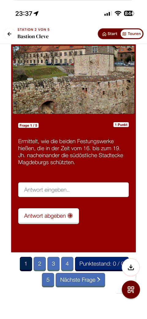Erkundungsaufgabe an einer Station: Frage zur Bastion Cleve mit Antwortfeld und Punktestand