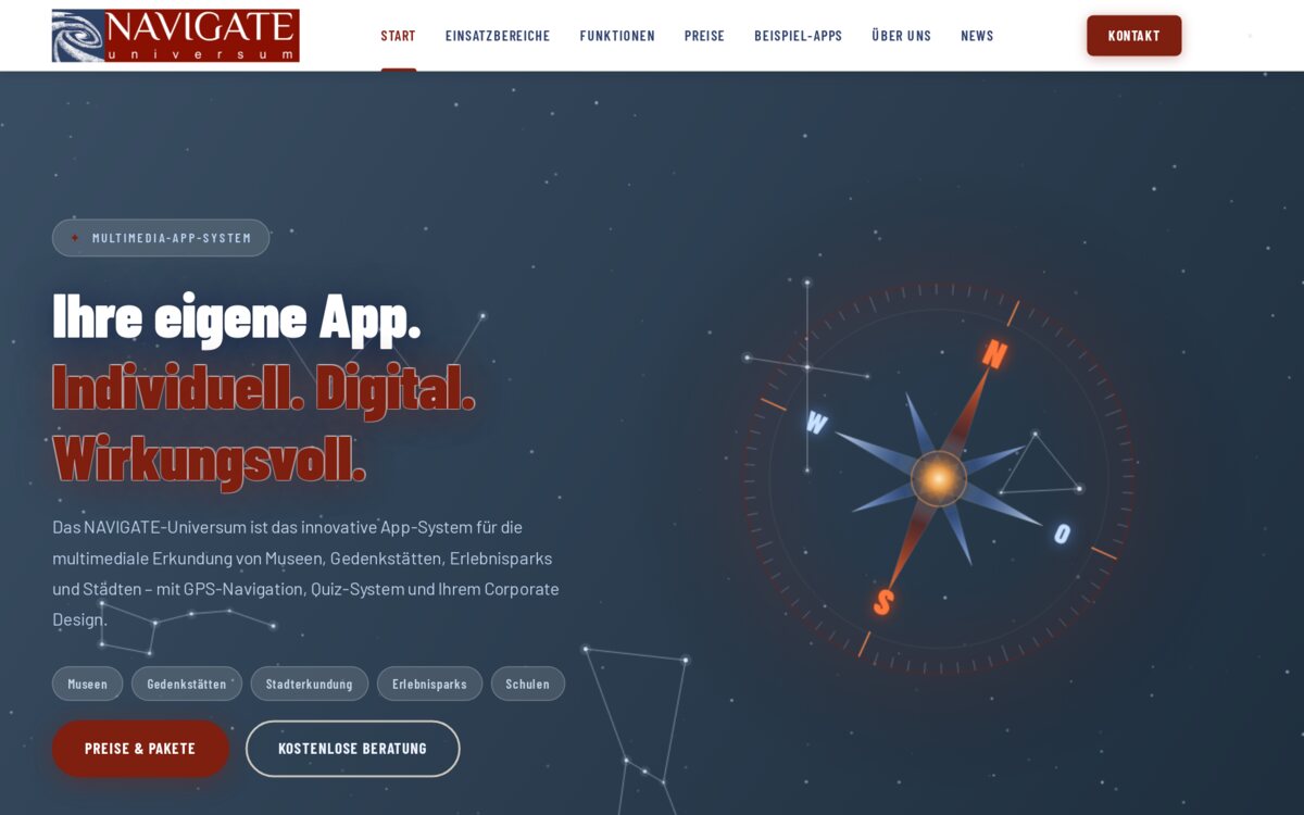 Startseite von navigate-universum.de: „Ihre eigene App. Individuell. Digital. Wirkungsvoll.“ mit Kompassrose auf Sternenhimmel