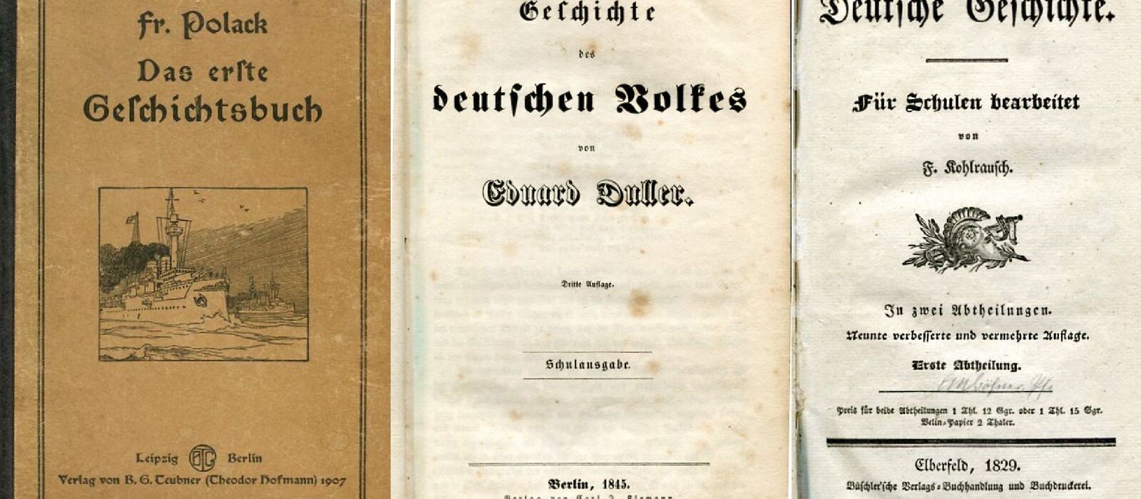 Aufgeschlagene Titelseiten historischer Schulbücher aus dem Archiv
