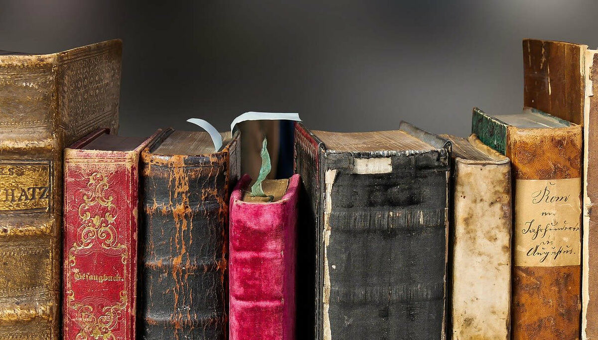 Buchrücken historischer Schulbücher aus dem Archiv der Zeitreise-Manufaktur