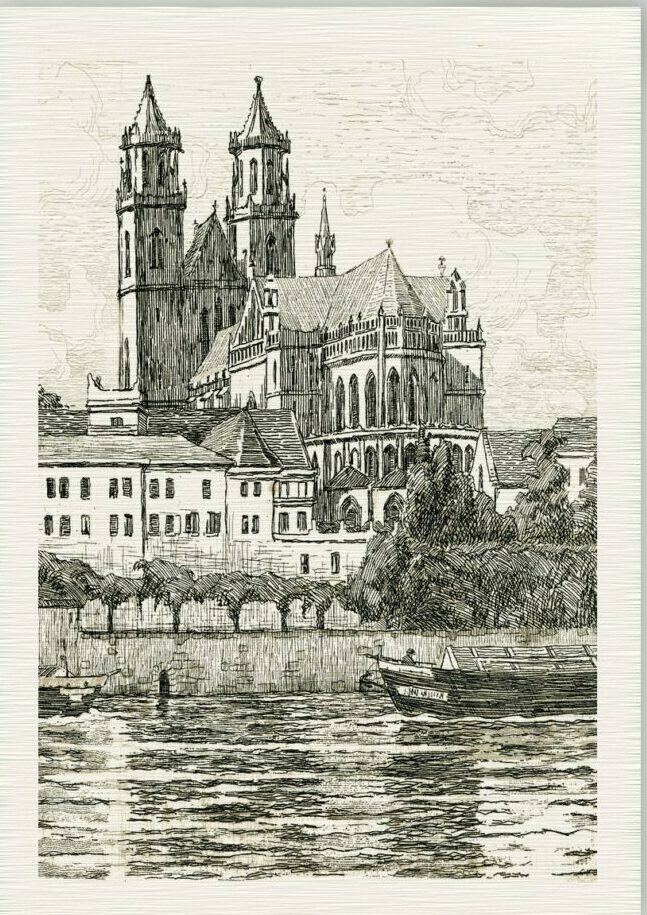 Holzstich: der Magdeburger Dom von der Elbe aus gesehen