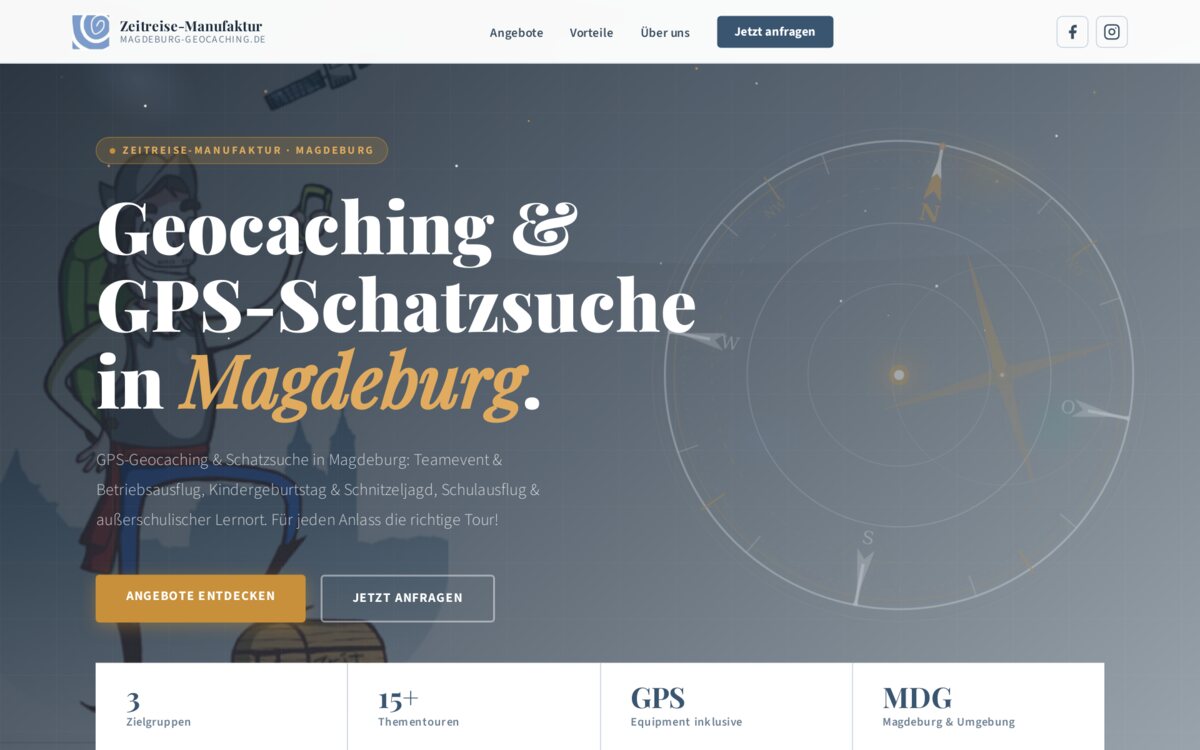 Startseite von magdeburg-geocaching.de: „Geocaching & GPS-Schatzsuche in Magdeburg“