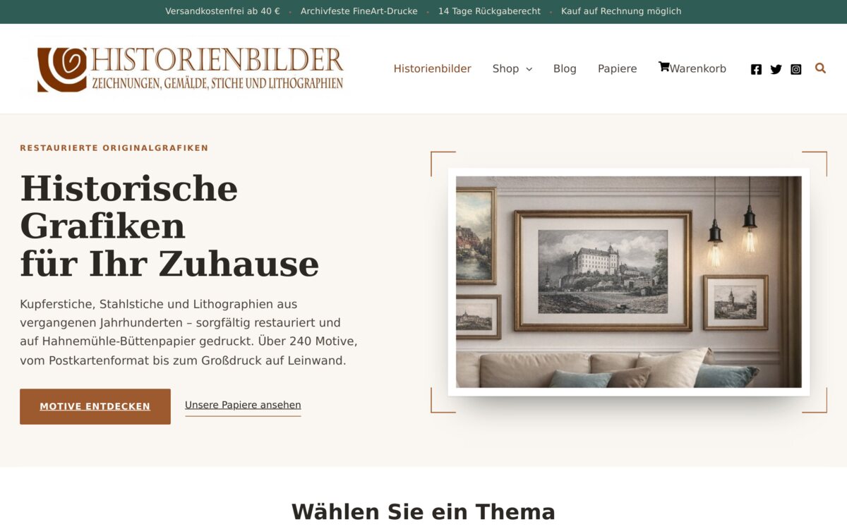 Startseite des Webshops historienbilder.de: „Historische Grafiken für Ihr Zuhause“